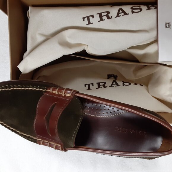 TRASK HUNTER MEN GREEN SUEDE DARK BROWN STEER LEATHER SLIP ON SHOES 11M - Picture 5 of 16